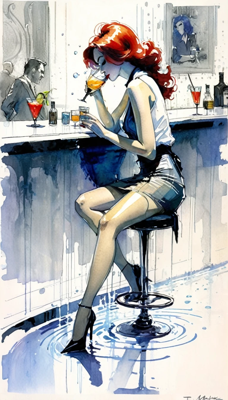 A woman drinking a cocktail in a stylish bar, with a slight stream of water running on the floor,tmari, sketch, traditional media, ballpen drawing, white background (art inspired by Bill Sienkiewicz). oil painting)