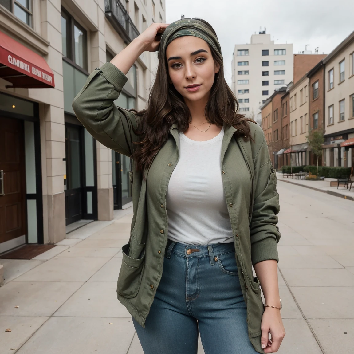 Extremely busty thin and toned brunette photographer, college girl, fair skin, loose side sweep, soft face, athletic, bandana babushka headwrap, tight olive green casual windbreaker, skinny jeans. standing in front of her apartment building, outdoors, city, camera bag, cleavage 