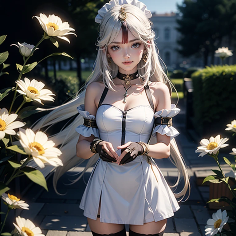 1girl, white maid dress, jewelry, white hair, flowing hair, long hair, maid dress with a short skirt with layers, frills, white laces, black boots, white dress with transparency, gold details on her clothes, garden scene, seat on the grass, more details, perfectly body, perfectly hands, two hands, two legs, two arms, five fingers, glowing hair, best quality, garden scenery, black gloves, alone, maid headdress, choker, detached sleeves, chinese lantern, masterpiece, best quality, detailed face, night, asymmetrical gloves, bangs, white short skirt , black gloves, earrings, elbow gloves, fishnet thigh highs, fish masterpiece, solo, best quality, detailed face, gloves, glowing eyes, hair between eyes, maid, short skirt, black details, white flowers, maid headdress, maid apron, smiling, glowing eyes, standing her hand to a viewer, looking at the viewer, cowboy shot, upper body portrait, more details, sparkle,