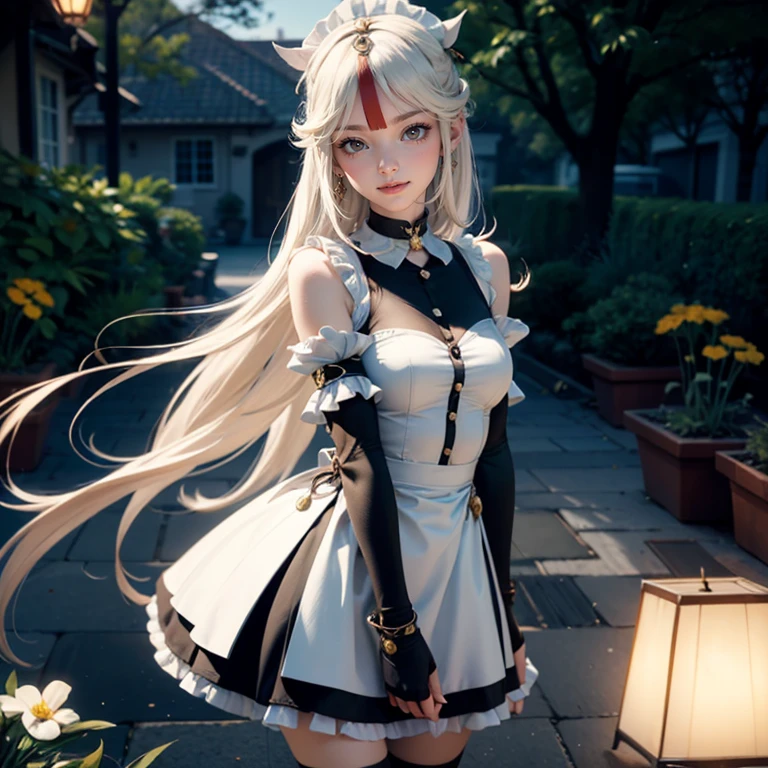 1girl, white maid dress, jewelry, white hair, flowing hair, long hair, maid dress with a short skirt with layers, frills, white laces, black boots, white dress with transparency, gold details on her clothes, garden scene, seat on the grass, more details, perfectly body, perfectly hands, two hands, two legs, two arms, five fingers, glowing hair, best quality, garden scenery, black gloves, alone, maid headdress, choker, detached sleeves, chinese lantern, masterpiece, best quality, detailed face, night, asymmetrical gloves, bangs, white short skirt , black gloves, earrings, elbow gloves, fishnet thigh highs, fish masterpiece, solo, best quality, detailed face, gloves, glowing eyes, hair between eyes, maid, short skirt, black details, white flowers, maid headdress, maid apron, smiling, glowing eyes, standing her hand to a viewer, looking at the viewer, cowboy shot, upper body portrait, more details, sparkle,