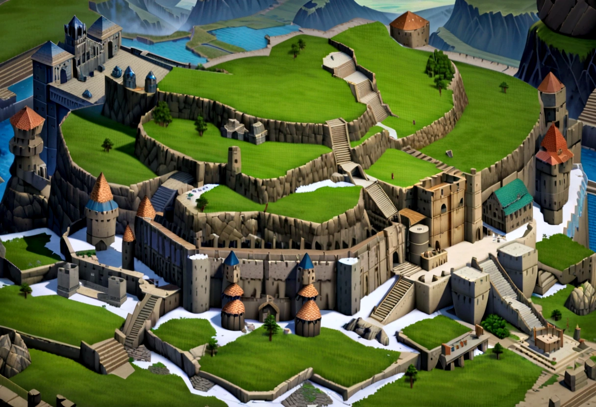 a close-up of a model castle with a green roof, mountain fortress city, background fortress, Mountain valley to fortress, Giant castle walls, Fallen ruins of Kingdom City, fortress mega structure city, Strengths, matte painting of the game map, an isometric fantasy map, isometric view. RPG game, isometric game feature, isometric game art