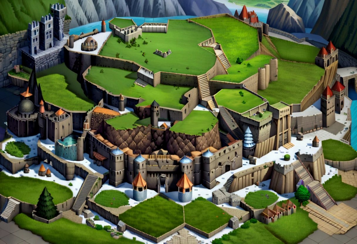 a close-up of a model castle with a green roof, mountain fortress city, background fortress, Mountain valley to fortress, Giant castle walls, Fallen ruins of Kingdom City, fortress mega structure city, Strengths, matte painting of the game map, an isometric fantasy map, isometric view. RPG game, isometric game feature, isometric game art