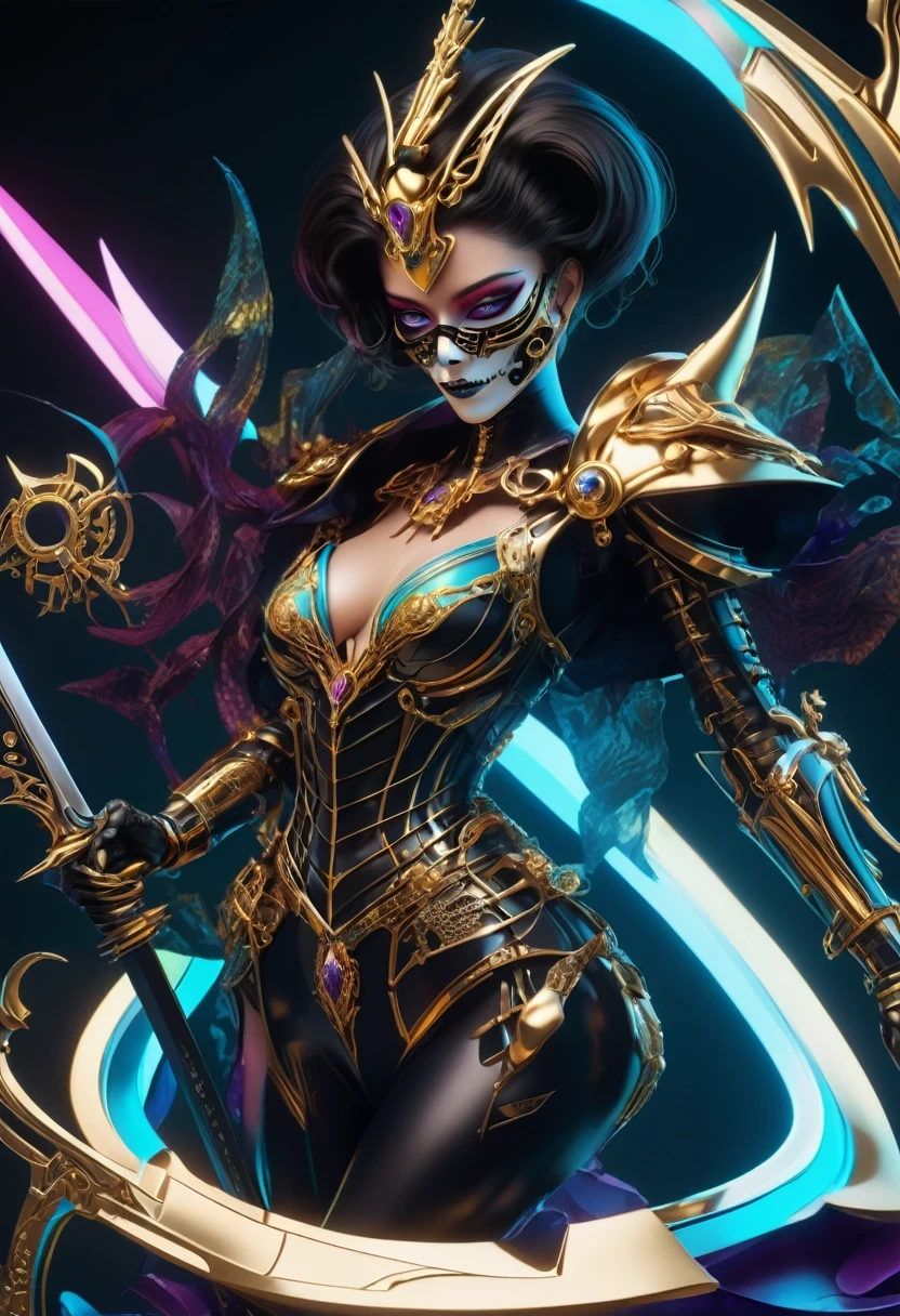 ( High quality , Ultra-detail, carefully with your hand )tarot card, chiaroscuro technique on sensual illustration of an queen of sword, a age fashion model wearing an exo-skeleton mask, vibrant colors, futuristic cyberpunk style, intricate details, cinematic lighting, dramatic pose, an elegant complex bio mechanical onyx and gold, intricate details, official art, unity 8k wallpaper, ultra detailed, beautiful and aesthetic, (in a room with black walls illuminated by violet neon lights :1.1)