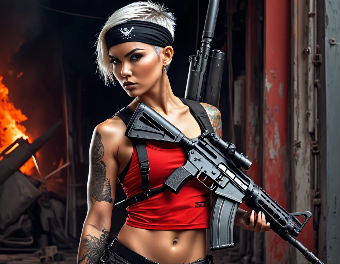 Hyper realistic illustration, muscular futuristic latin mariner woman beautiful platinum shaved pixie haircut with black bandana, lurking holding a m1 rifle, red tank top, scar in the left cheek, sweat, soot, very realistic, tattoos, fashion by yoji shinkawa and yohji yamamoto, full body, dynamic poses, Aliens movie aesthetic scene, principles, warm color palette, oil painting colors, natural fire background stunning, highly realistic, cinematic lighting, HDR, 8k