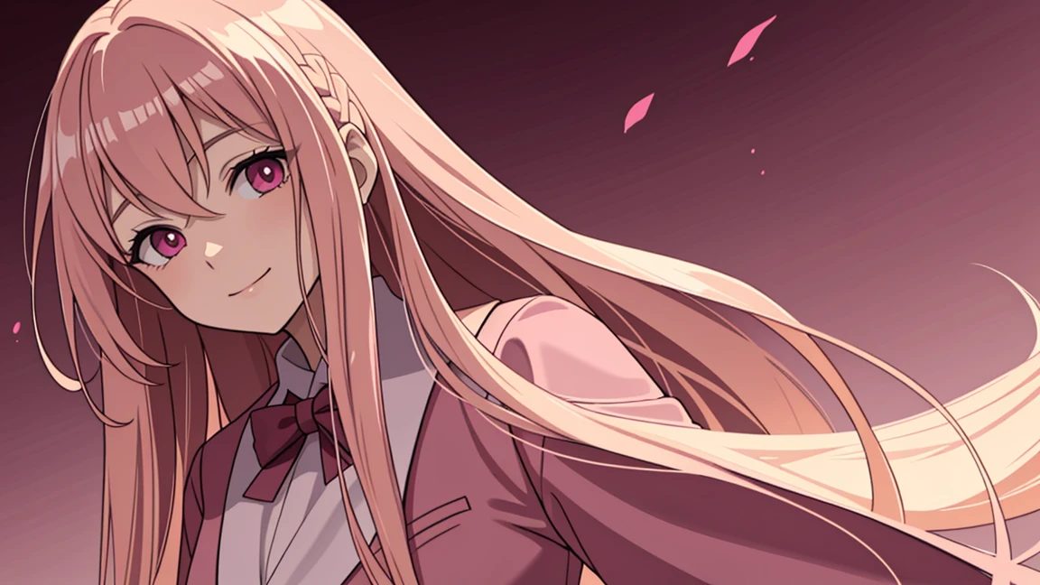 adult woman, pink eyes, long blonde hair, pink suit, smile, 4k