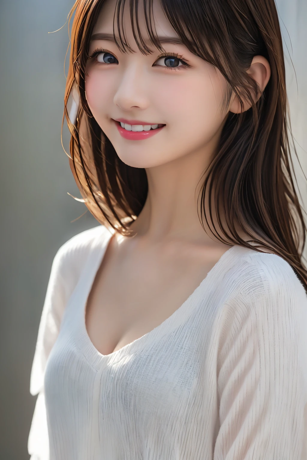 Highest quality, (beautiful)、Brown Hair、Looking into the camera、Upper Body、Close-up、Larger breasts、smile、Shoot from above