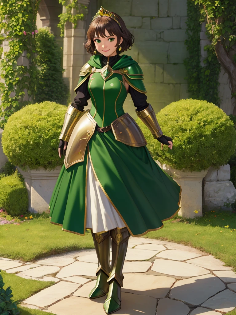 masterpiece, best quality:1.2), 1girl, smile, looking at viewer, green eyes, short brown hair, princess, armor, , pauldrons, armored dress, green cloak cape, wearing puffy blue ballgown skirt, golden tiara with green gem, armored boots, fingerless gloves, standing in medieval garden