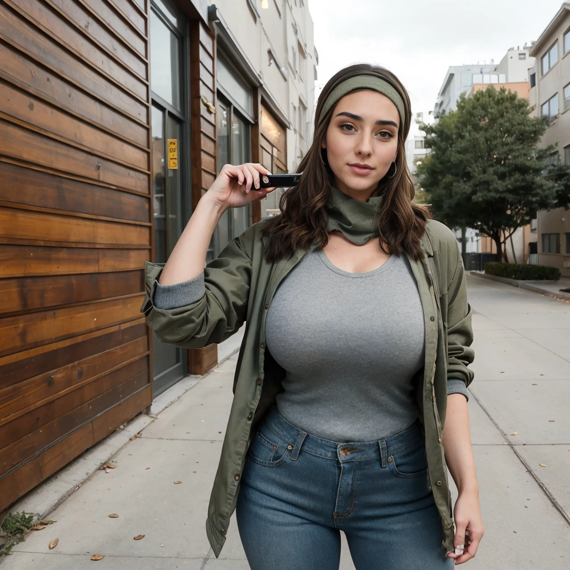 Extremely busty thin and toned brunette photographer, college girl, fair skin, loose side sweep, soft face, athletic, bandana babushka headwrap, tight olive green casual windbreaker, skinny jeans. standing in front of her apartment building, outdoors, city, camera bag, cleavage