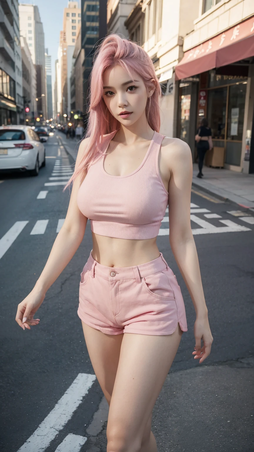 1 babe, beautiful, pink hair, tank tops, shorts, large breasts, parted lips, walking across the street