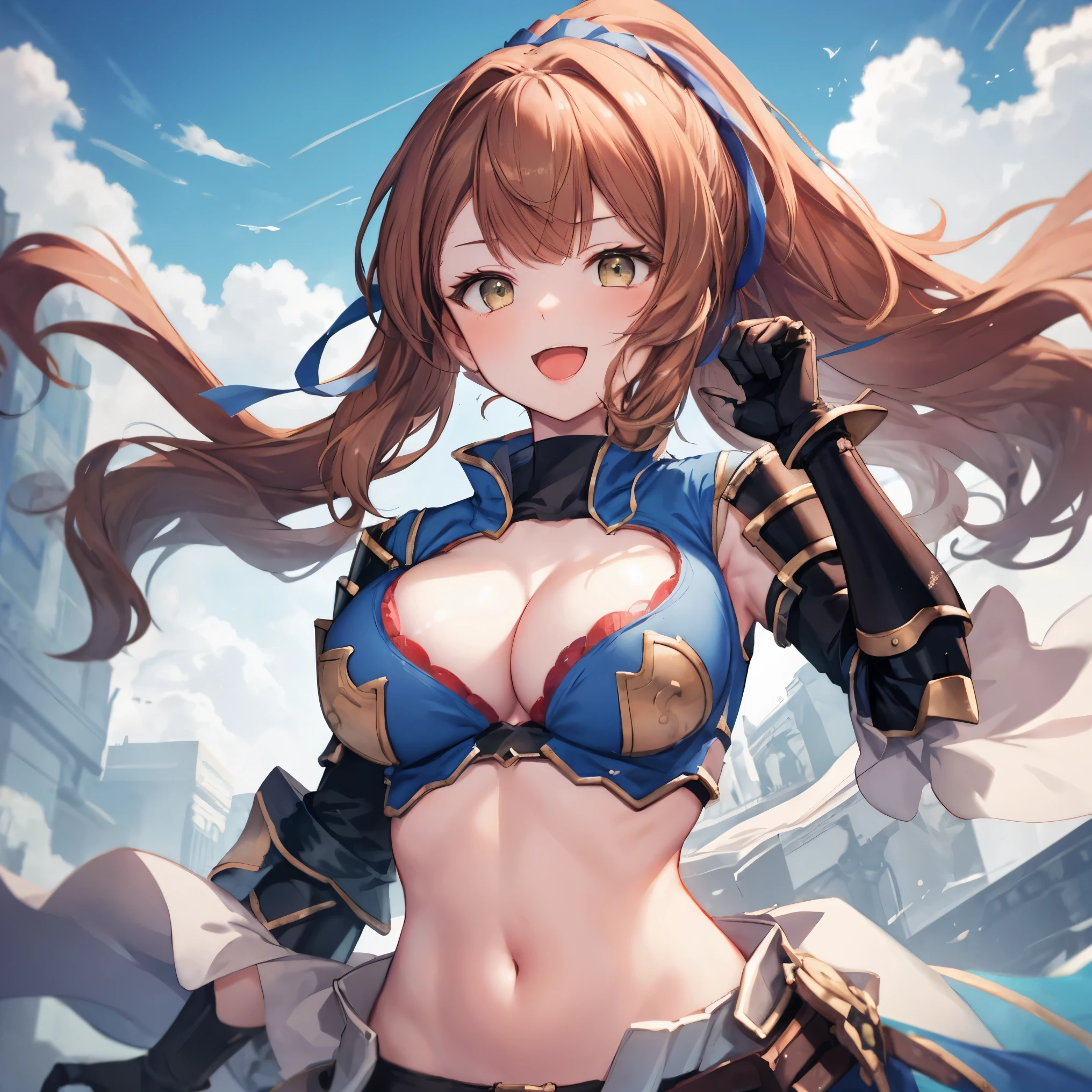 masterpiece, best quality, defbeatrix, ponytail, hair ribbon, gauntlets, blue shirt, gloves, cleavage cutout, from below, looking at viewer, big_smile, large breasts, sky ,,happy,covered_nipples,young_,open_mouth,shout,full_of_beans,dynamic_posing, fighting,1long_sword,laugh,portrait,bust upshot,focus_breasts