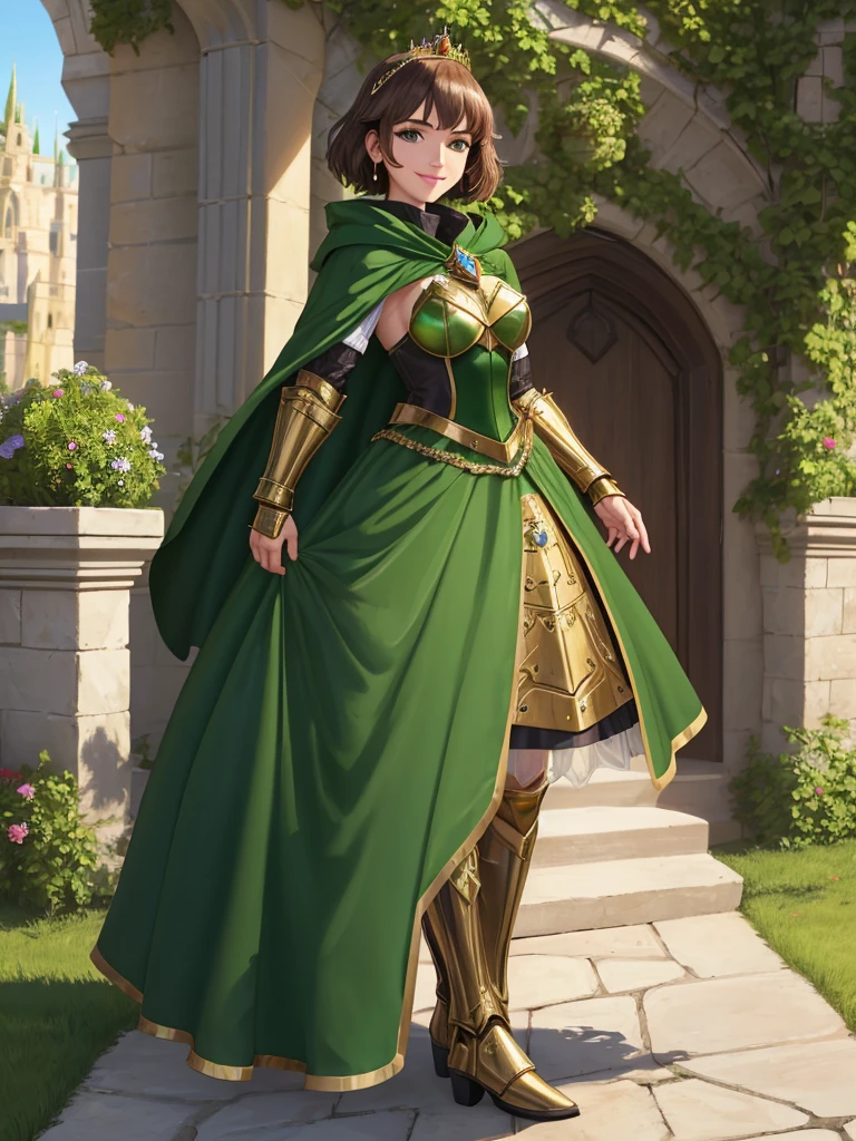 masterpiece, best quality:1.2), 1girl, smile, looking at viewer, green eyes, short brown hair, princess, armor, , pauldrons, armored dress, green cloak cape, wearing puffy blue ballgown skirt, golden tiara with green gem, armored boots, fingerless gloves, standing in medieval garden