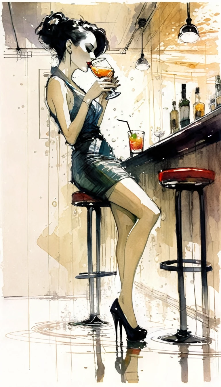 A woman drinking a cocktail in a stylish bar, with a slight stream of water running on the floor,tmari, sketch, traditional media, ballpen drawing, white background (art inspired by Bill Sienkiewicz). oil painting)