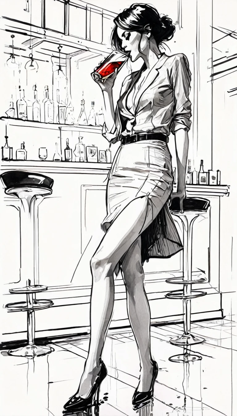 A woman drinking a cocktail in a stylish bar, with a slight stream of water running on the floor,tmari, sketch, traditional media, ballpen drawing, white background (art inspired by Bill Sienkiewicz). oil painting)
