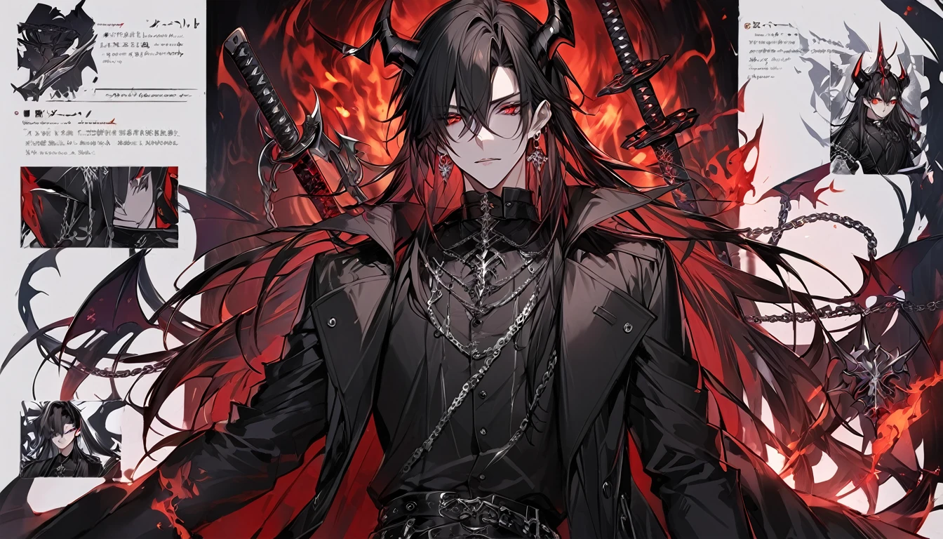 alone, good looking, 1 male, Long hair, Middle parted, Black hair, Red eyes, Black shirt, White Thailand, Black Trench Coat, Royal Silver Jewellery, Royal Demon Earrings, Black horns, Demon Crown, Demonic Katana, Chain, On Back, Demonic Black flames Aura, vtuber Character Design sheet, Front Facing