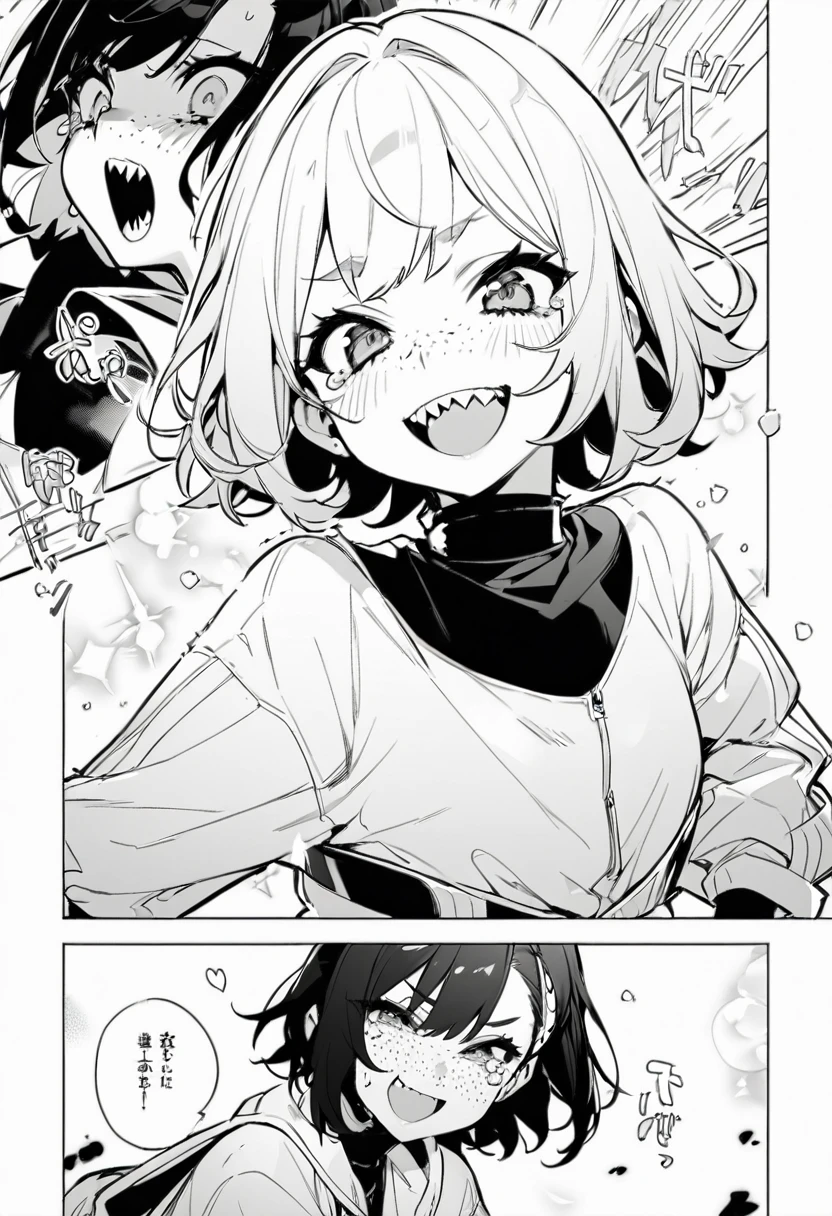 best quality , monochrome, lineart, 1girl, short dark hair, freckles, stylish, edgy outfit, smile, looking at viewer,open mouth, sharp teeth, happy tears, white background oldest, comic