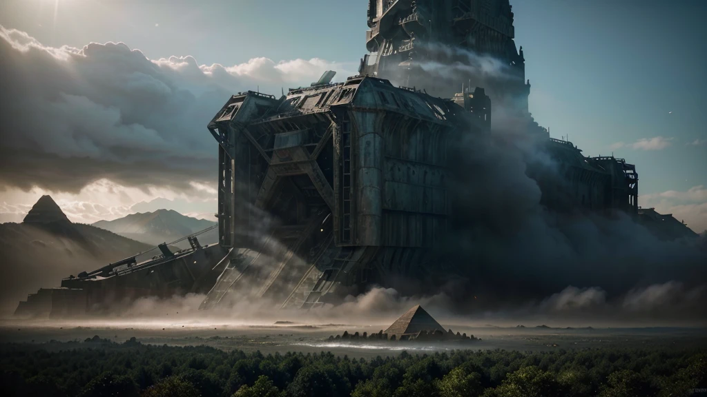 a  pyramid in the middle of a forest with trees and fog in the, stunning vfx, incredible vfx, an intact ancient alien ship, epic cinematic matte painting, alien ship wreck, insanely detailed matte painting, ruined alien structures, from a 2 0 1 9 sci fi 8 k movie, an immense floating castle, destroyed ship, epic and cinematic view, still from a live action movie, abandoned rocket ship, spectacular cinematic scene, aerial footage, very realistic cinematic, hyperrealistic matte painting, very detailed cinematic, highly detailed vfx, drone footage