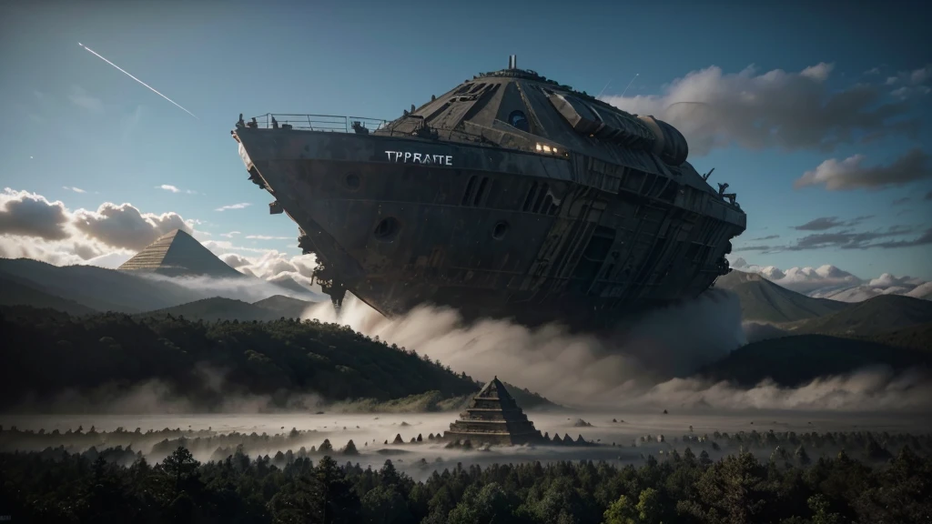a pyramid in the middle of a forest with trees and fog in the, stunning vfx, incredible vfx, an intact ancient alien ship, epic cinematic matte painting, alien ship wreck, insanely detailed matte painting, ruined alien structures, from a 2 0 1 9 sci fi 8 k movie, an immense floating castle, destroyed ship, epic and cinematic view, still from a live action movie, abandoned rocket ship, spectacular cinematic scene, aerial footage, very realistic cinematic, hyperrealistic matte painting, very detailed cinematic, highly detailed vfx, drone footage