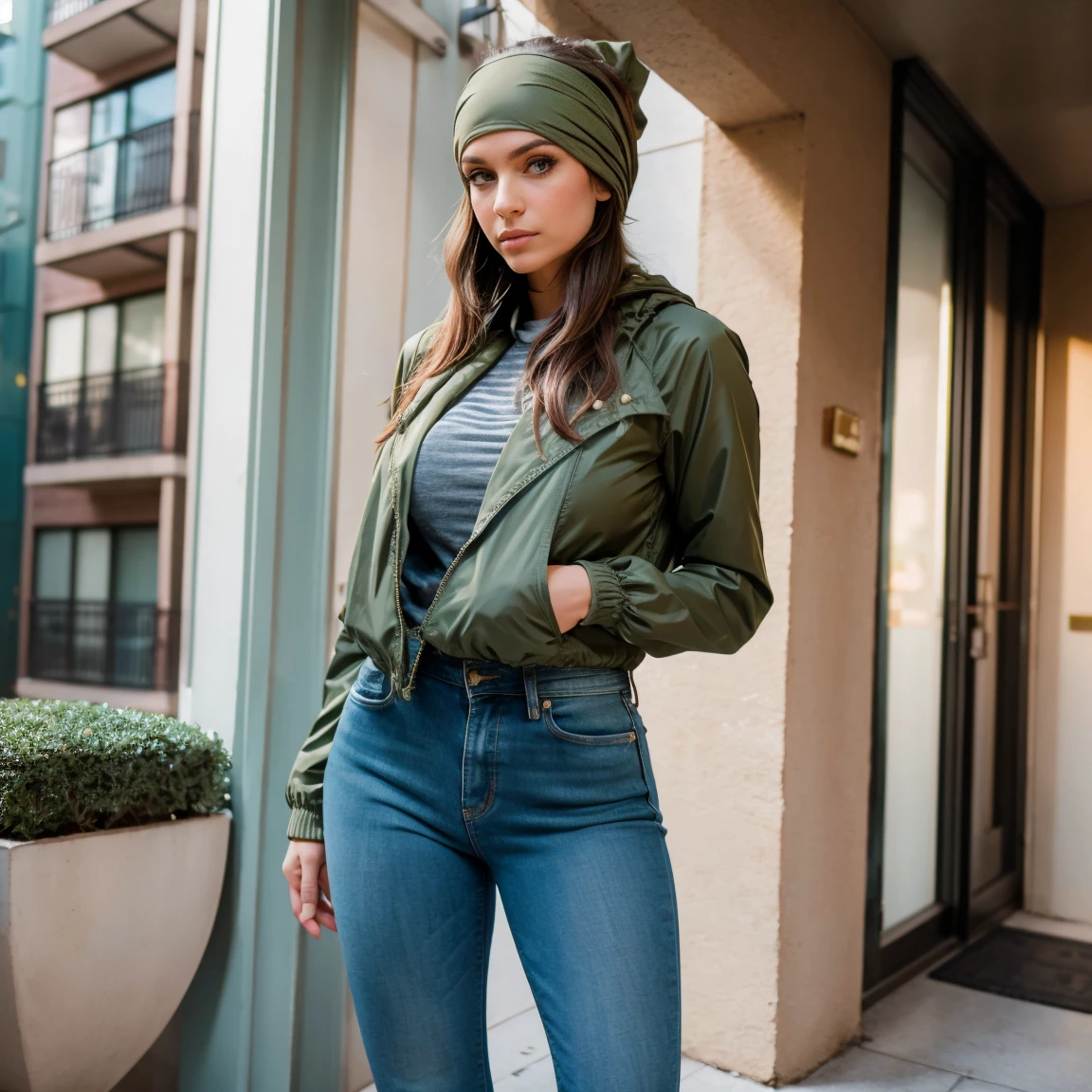 Extremely busty thin and toned brunette photographer, college girl, fair skin, loose side sweep, soft face, athletic, bandana babushka headwrap, tight olive green casual windbreaker, skinny jeans. standing in front of her apartment building, outdoors, city, camera bag, cleavage 