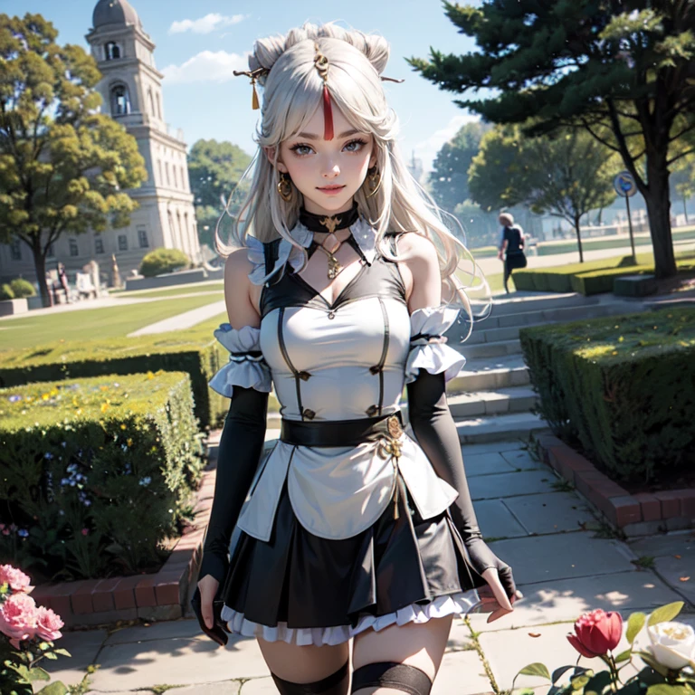 1girl, white maid dress, jewelry, white hair, flowing hair, long hair, maid dress with a short skirt with layers, frills, white laces, black boots, white dress with transparency, gold details on her clothes, garden scene, seat on the grass, more details, perfectly body, perfectly hands, two hands, two legs, two arms, five fingers, glowing hair, best quality, garden scenery, black gloves, alone, maid headdress, choker, detached sleeves, chinese lantern, masterpiece, best quality, detailed face, night, asymmetrical gloves, bangs, white short skirt , black gloves, earrings, elbow gloves, fishnet thigh highs, fish masterpiece, solo, best quality, detailed face, gloves, glowing eyes, hair between eyes, maid, short skirt, black details, white flowers, maid headdress, maid apron, smiling, glowing eyes, standing her hand to a viewer, looking at the viewer, cowboy shot, upper body portrait, more details, sparkle,