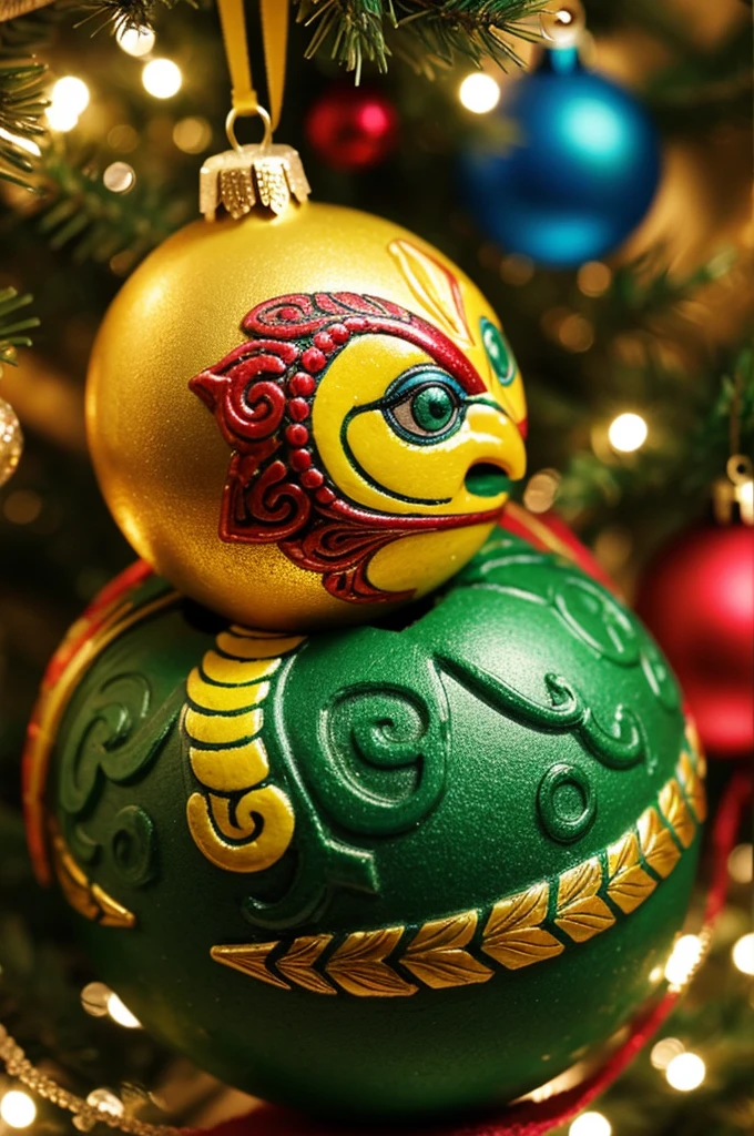 A beautiful skittle with an ornament of a feathered serpent 