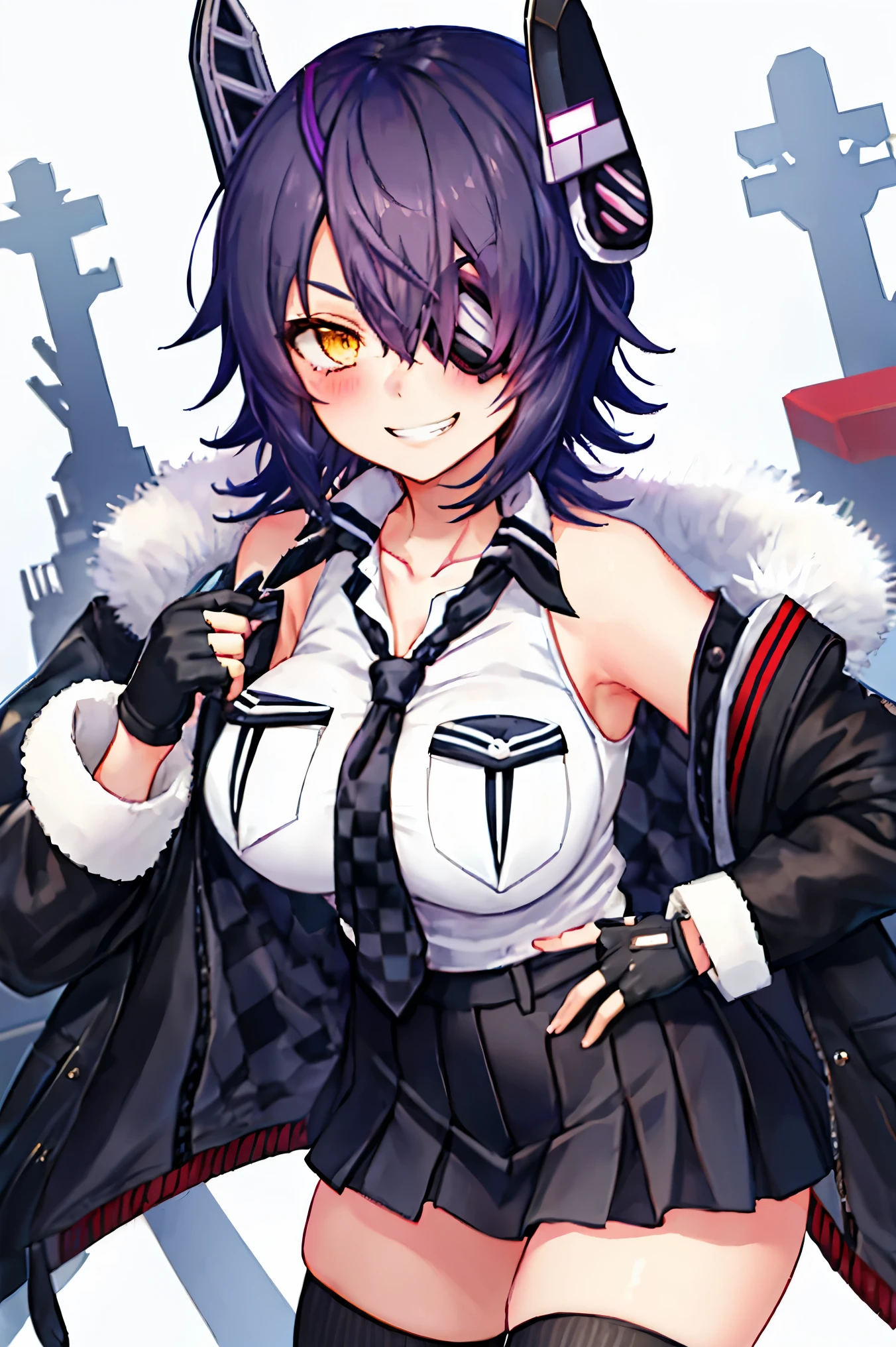 best quality, masterpiece, solo, {tenryuu_kantaicollection:1.15}, teen_girl, eyepatch, short_hair, purple_hair, yellow_eyes, headgear, breasts, necktie, large_breasts, smile, 1girl, blush, checkered_necktie, hair_over_one_eye, shirt, collared_shirt, white_shirt, jacket, sleeveless, brown_eyes, fur-trimmed_jacket, fur_trim, collarbone, looking_at_viewer, pocket, breast_pocket, grin, black_jacket, messy_hair, black_gloves, gloves, partially_fingerless_gloves,harbor_town_background,short_skirt,thigh-highs,