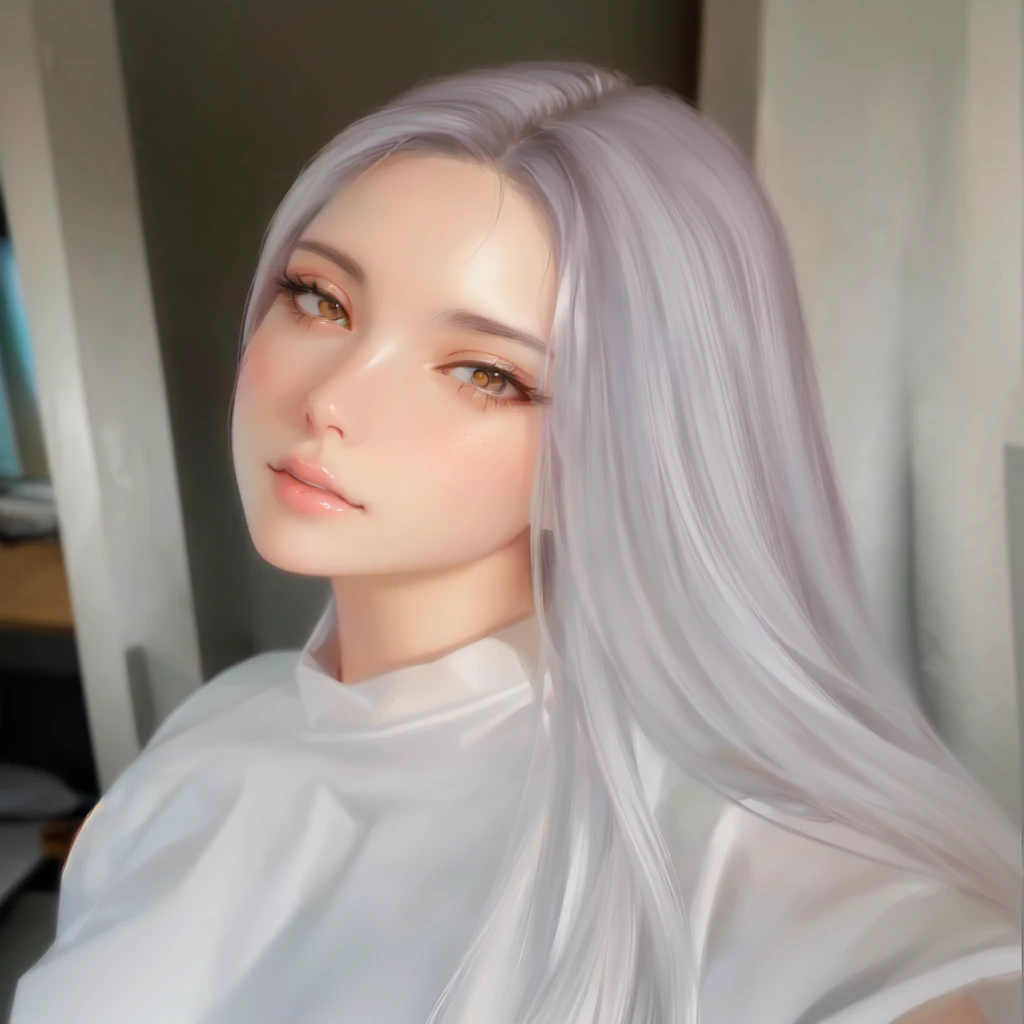 a close-up of a woman with long hair and a white shirt, realistic art style, kawaii realistic portrait, 🤤 portrait of , realism art style, realistic 3d anime style, realistic anime art style, anime realism style, photorealistic art style, soft digital painting, no art style by bowater, 4k realistic digital art, 4k realistic digital art
