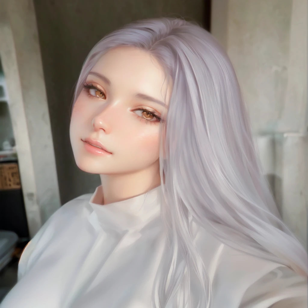 a close-up of a woman with long hair and a white shirt, realistic art style, kawaii realistic portrait, 🤤 portrait of , realism art style, realistic 3d anime style, realistic anime art style, anime realism style, photorealistic art style, soft digital painting, no art style by bowater, 4k realistic digital art, 4k realistic digital art