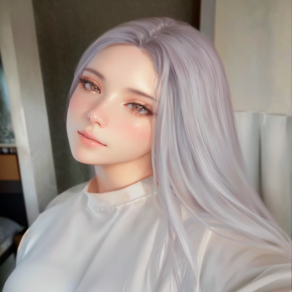 a close-up of a woman with long hair and a white shirt, realistic art style, kawaii realistic portrait, 🤤 portrait of , realism art style, realistic 3d anime style, realistic anime art style, anime realism style, photorealistic art style, soft digital painting, no art style by bowater, 4k realistic digital art, 4k realistic digital art