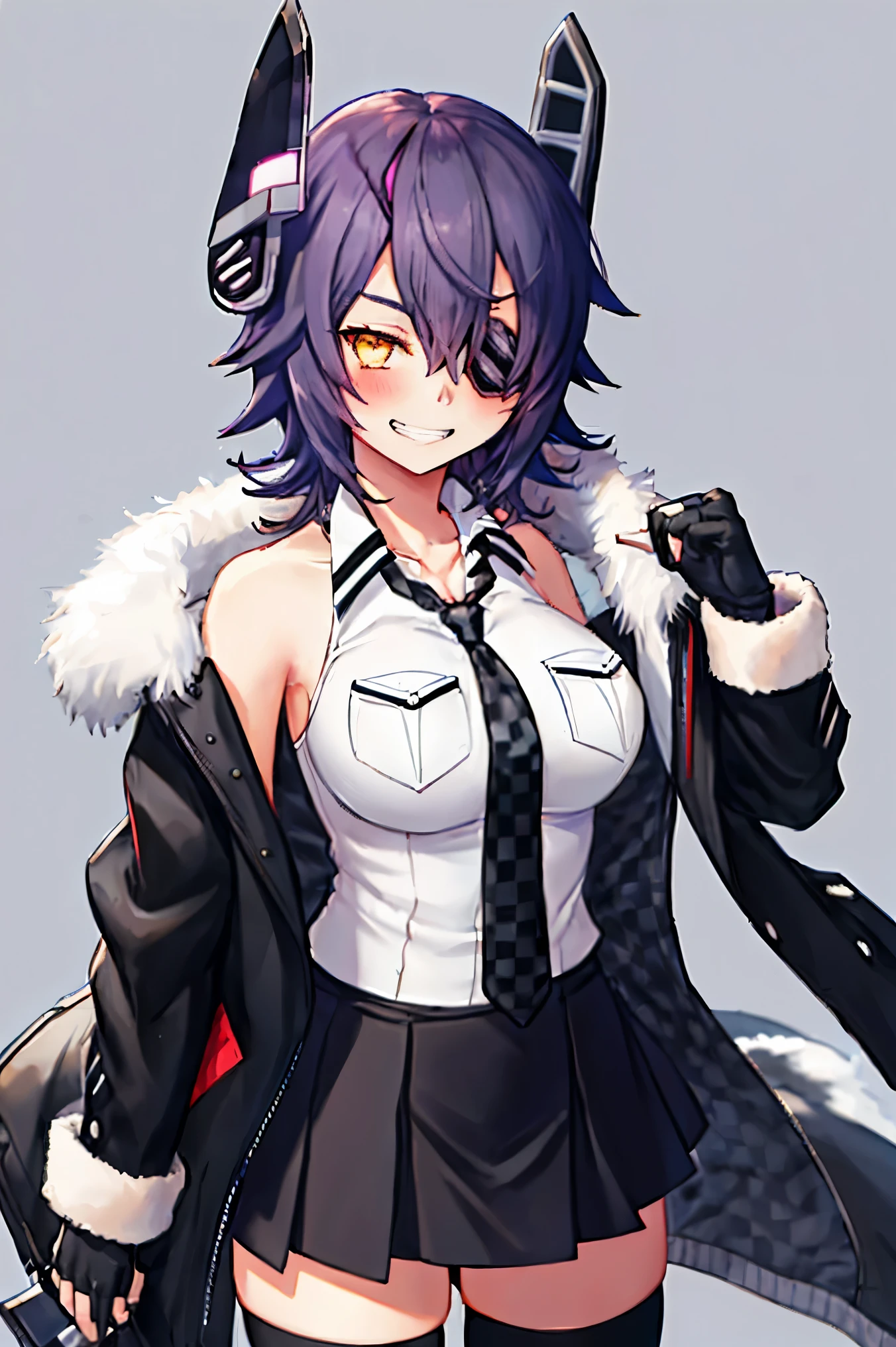 best quality, masterpiece, solo, {tenryuu_kantaicollection:1.15}, teen_girl, eyepatch, short_hair, purple_hair, yellow_eyes, headgear, breasts, necktie, large_breasts, smile, 1girl, blush, checkered_necktie, hair_over_one_eye, shirt, collared_shirt, white_shirt, jacket, sleeveless, brown_eyes, fur-trimmed_jacket, fur_trim, collarbone, looking_at_viewer, pocket, breast_pocket, grin, black_jacket, messy_hair, black_gloves, gloves, partially_fingerless_gloves,harbor_town_background,short_skirt,thigh-highs,
