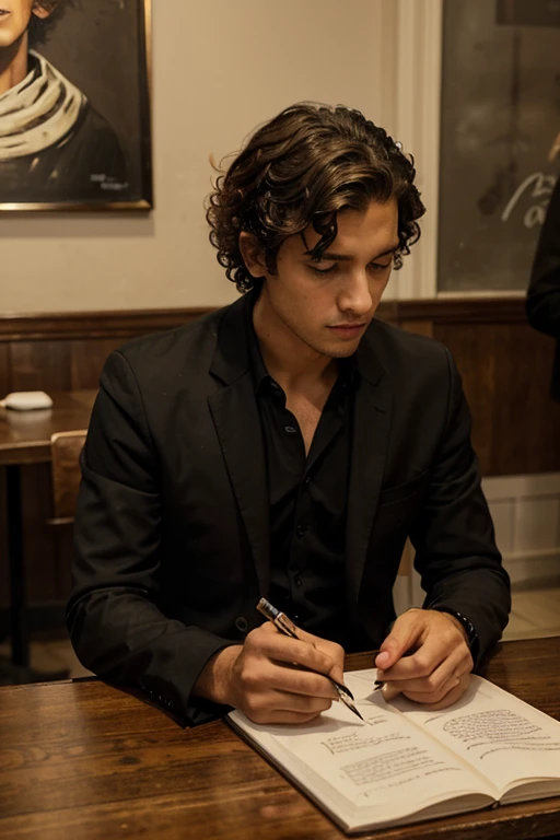 here is a man sitting at a table writing in a notebook, a photorealistic painting inspired by John Luke, tumblr, hyperrealism, sitting in a cafe, sitting in a cafe alone, sitting alone in a cafe, in a coffee shop, drawing sketches on his notebook, he is smoking a cigarette, with cigar, candid shot, sitting on a mocha-colored table , he has a curly noodle hair , he is wearing a black new suit , he has a straight nose , he is 19