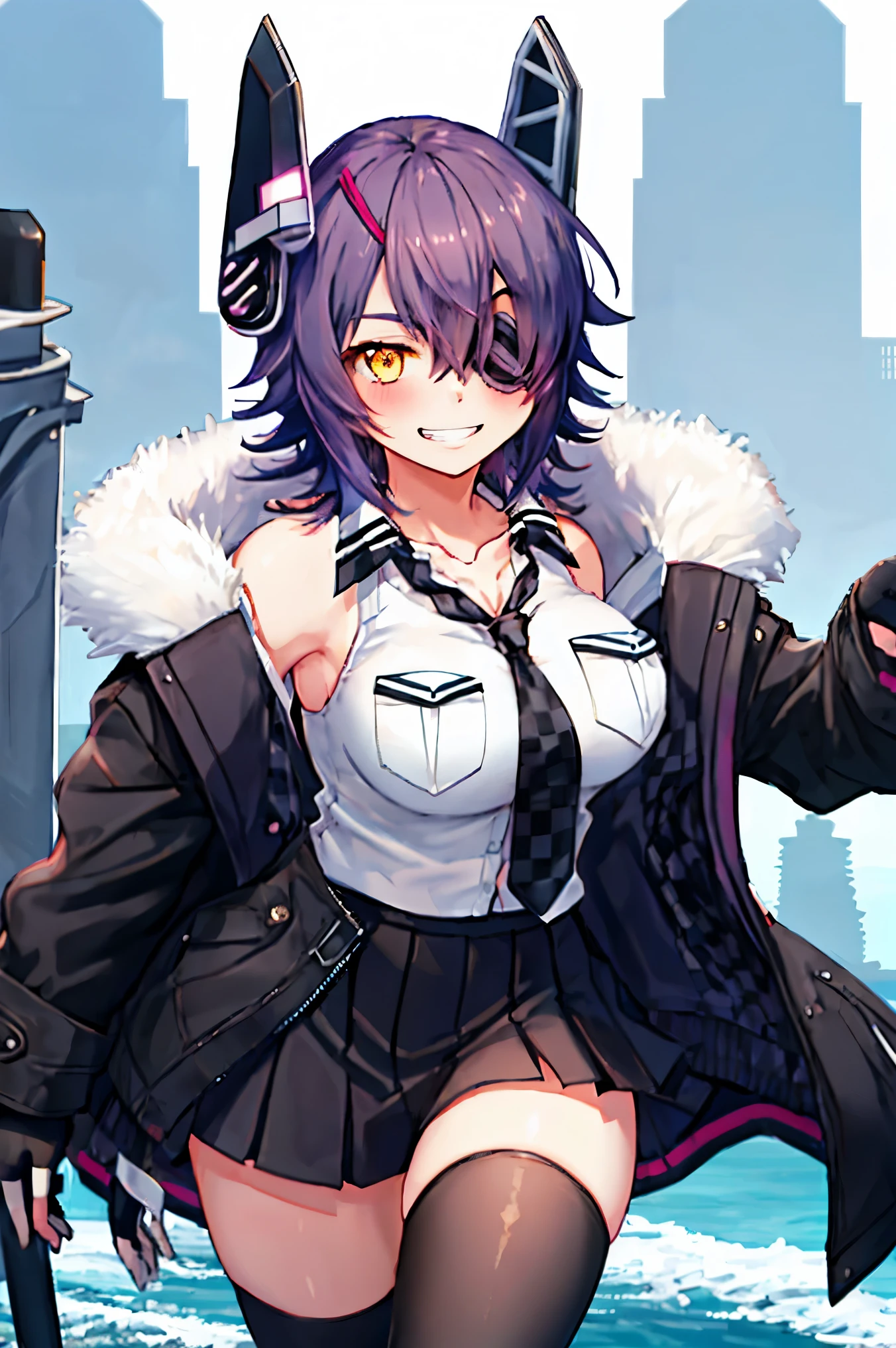 best quality, masterpiece, solo, {tenryuu_kantaicollection:1.15}, teen_girl, eyepatch, short_hair, purple_hair, yellow_eyes, headgear, breasts, necktie, large_breasts, smile, 1girl, blush, checkered_necktie, hair_over_one_eye, shirt, collared_shirt, white_shirt, jacket, sleeveless, brown_eyes, fur-trimmed_jacket, fur_trim, collarbone, looking_at_viewer, pocket, breast_pocket, grin, black_jacket, messy_hair, black_gloves, gloves, partially_fingerless_gloves,harbor_town_background,short_skirt,thigh-highs,