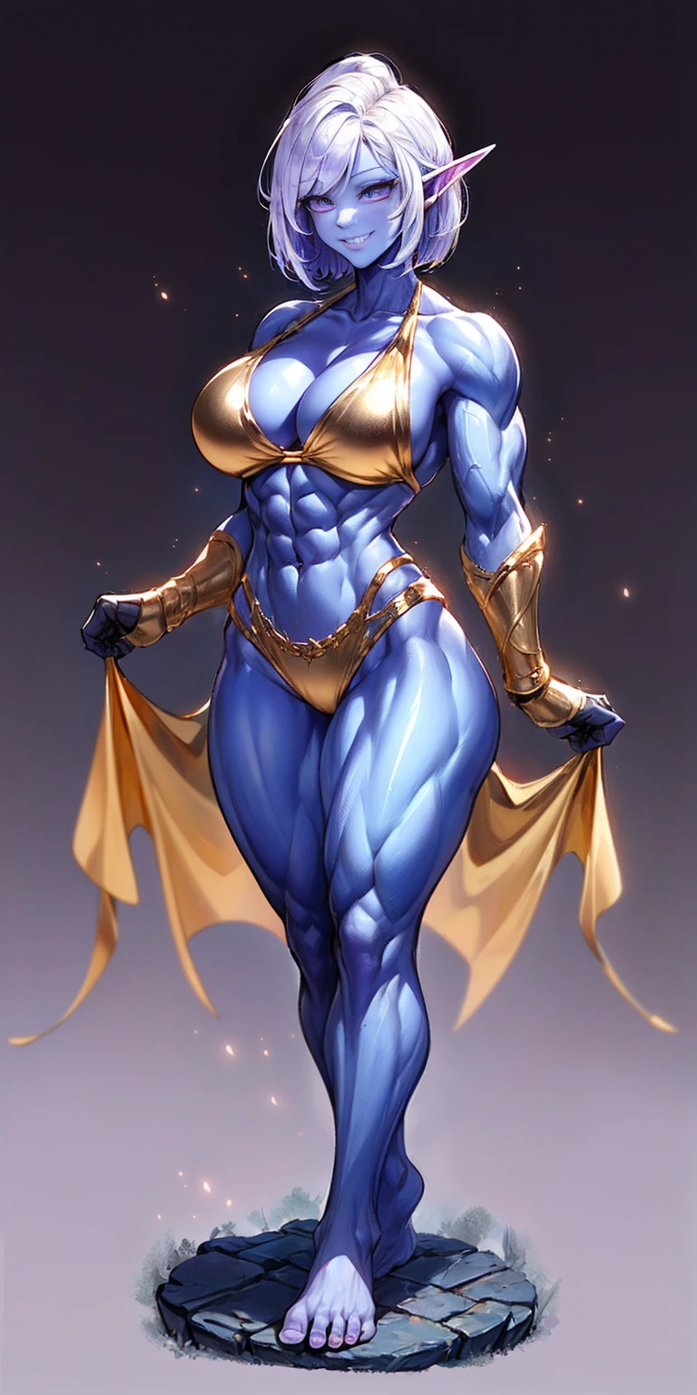 ((plain background:1.2, 1sologirl)) full body standing barefoot hands on waist navel, very purple skin, drow, elf, Madura, Detailed happy face, purple eyes, white hair bob style, gold bikini, well defined six pack abs, Large knockers, golden gloves