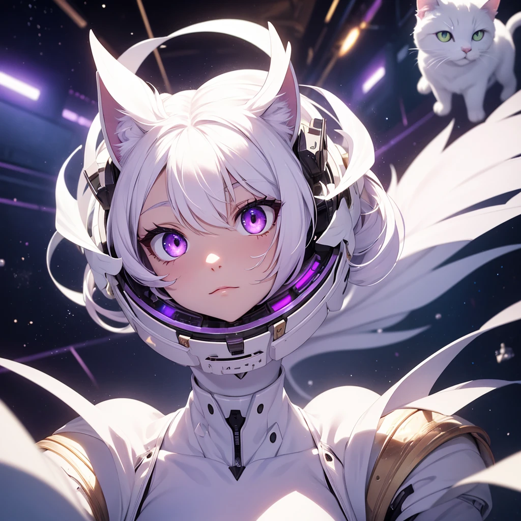 white cat with purple, eyes of different color, focus on face, Masterpiece, artwork, in outer space