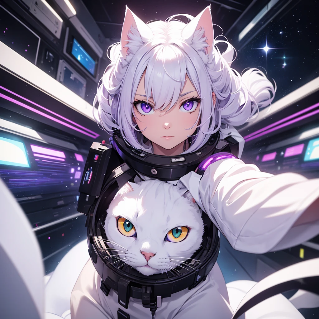 white cat with purple, eyes of different color, focus on face, Masterpiece, artwork, in outer space