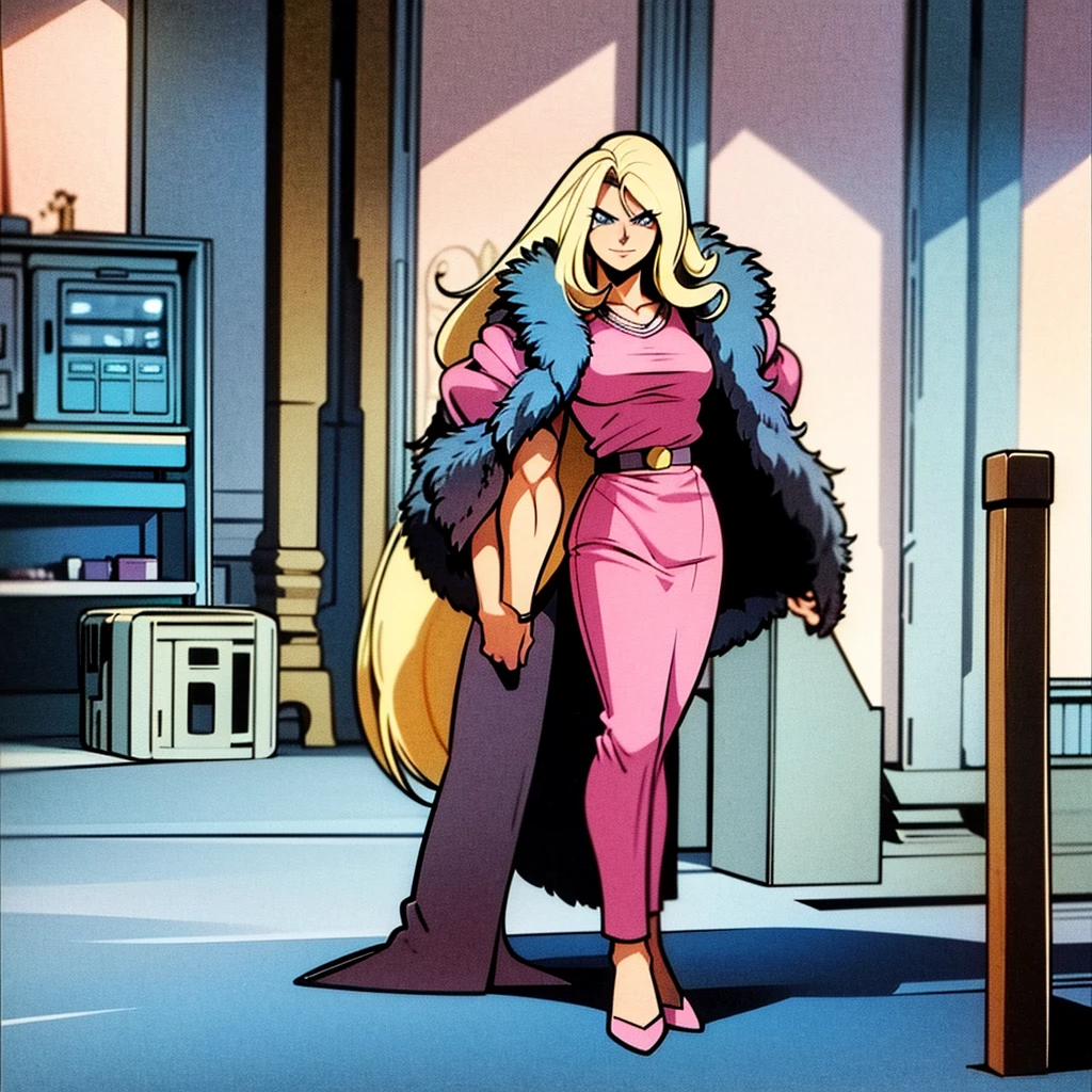 very strong blonde blue eyed woman wearing a black fur jacket and a pink blouse in the style of a Marvel Studios comic panel with broad robust muscles with a serious expression happy with her muscles on a white background with an ax in her hand with a serious face with full length DC style long hair with a confident and haughty posture in a room of a building