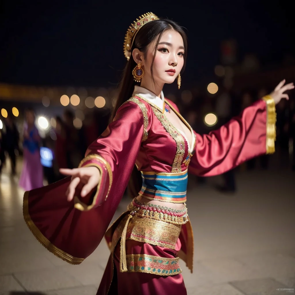 ((best quality)), ((masterpiece)), (detailed), 1 Beauty, Portraiture ，Character leaning to the right，Mongolian national costume，Long sleeve，Dancing Background Ulaanbaatar，Blurred Background，night