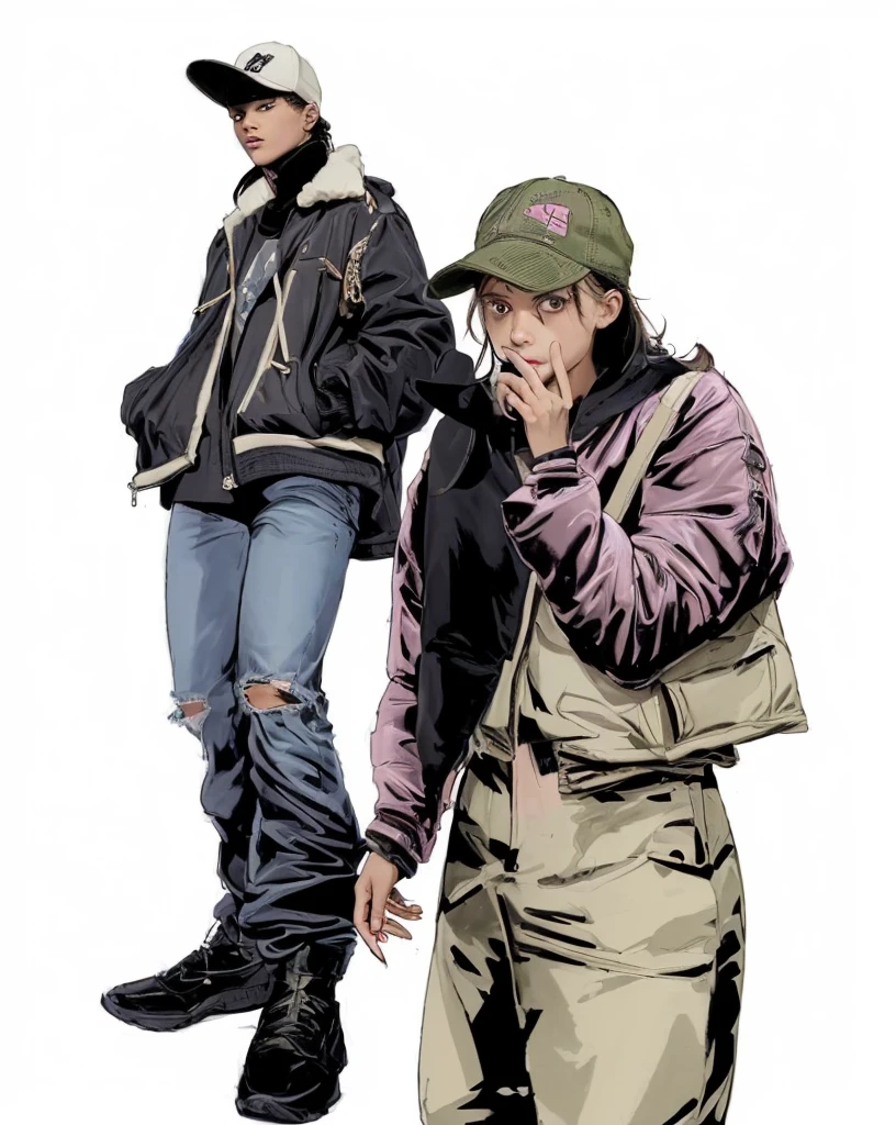 The character on the left stands casually with a relaxed posture, hands in pockets, exuding confidence and ease, The character's face is mostly neutral, with a hint of nonchalance, They wear a green baseball cap adorned with pink graphics and a small logo on the side, partially shadowing their eyes, The character is dressed in a layered outfit, A brown, shearling-lined jacket with a prominent collar, The jacket has a rugged texture, adding a sense of warmth and style, Beneath the jacket, they wear a blue hoodie, the hood peeking out over the jacket's collar, Light blue jeans with distressed detailing, including a large rip at the left knee, adding an edgy, worn-in look, Black, high-top sneakers with thick soles and detailed laces, A crossbody bag strap is visible across the chest, indicating a practical, on-the-go lifestyle, the character on the right posture's is more dynamic and expressive, They are shown with their right hand covering part of their face, pulling down the lower eyelid in a playful or mocking gesture, The expression here is more intense and mischievous, with eyes wide open, adding a layer of attitude and personality, The same green baseball cap is worn, but the brim is tilted lower, almost obscuring one eye, The outfit in this pose includes: Jacket: A light pink bomber jacket, with a slightly shiny texture, indicating a material like satin or nylon, The jacket has ribbed cuffs and hem, typical of bomber styles, A black hoodie worn underneath, the hood is pulled over the jacket, creating a layered look, Light beige pants with a prominent heart-shaped embellishment near the right hip, adding a unique, playful touch, The character carries a small, light-colored shoulder bag, adding to the urban, functional aesthetic