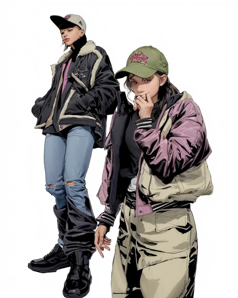 The character on the left stands casually with a relaxed posture, hands in pockets, exuding confidence and ease, The character's face is mostly neutral, with a hint of nonchalance, They wear a green baseball cap adorned with pink graphics and a small logo on the side, partially shadowing their eyes, The character is dressed in a layered outfit, A brown, shearling-lined jacket with a prominent collar, The jacket has a rugged texture, adding a sense of warmth and style, Beneath the jacket, they wear a blue hoodie, the hood peeking out over the jacket's collar, Light blue jeans with distressed detailing, including a large rip at the left knee, adding an edgy, worn-in look, Black, high-top sneakers with thick soles and detailed laces, A crossbody bag strap is visible across the chest, indicating a practical, on-the-go lifestyle, the character on the right posture's is more dynamic and expressive, They are shown with their right hand covering part of their face, pulling down the lower eyelid in a playful or mocking gesture, The expression here is more intense and mischievous, with eyes wide open, adding a layer of attitude and personality, The same green baseball cap is worn, but the brim is tilted lower, almost obscuring one eye, The outfit in this pose includes: Jacket: A light pink bomber jacket, with a slightly shiny texture, indicating a material like satin or nylon, The jacket has ribbed cuffs and hem, typical of bomber styles, A black hoodie worn underneath, the hood is pulled over the jacket, creating a layered look, Light beige pants with a prominent heart-shaped embellishment near the right hip, adding a unique, playful touch, The character carries a small, light-colored shoulder bag, adding to the urban, functional aesthetic