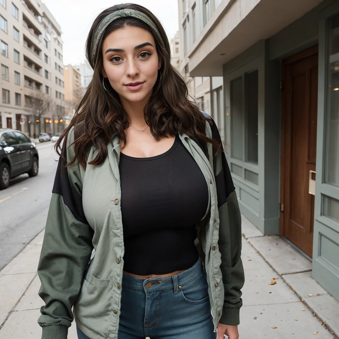 Extremely busty thin and toned brunette photographer, college girl, fair skin, loose side ponytail, soft face, athletic, bandana babushka headwrap, tight olive green casual windbreaker, skinny jeans. standing in front of her apartment building, outdoors, city, camera bag, cleavage 