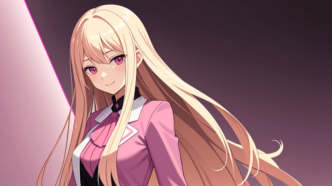 adult woman, pink eyes, long blonde hair, pink suit, smile