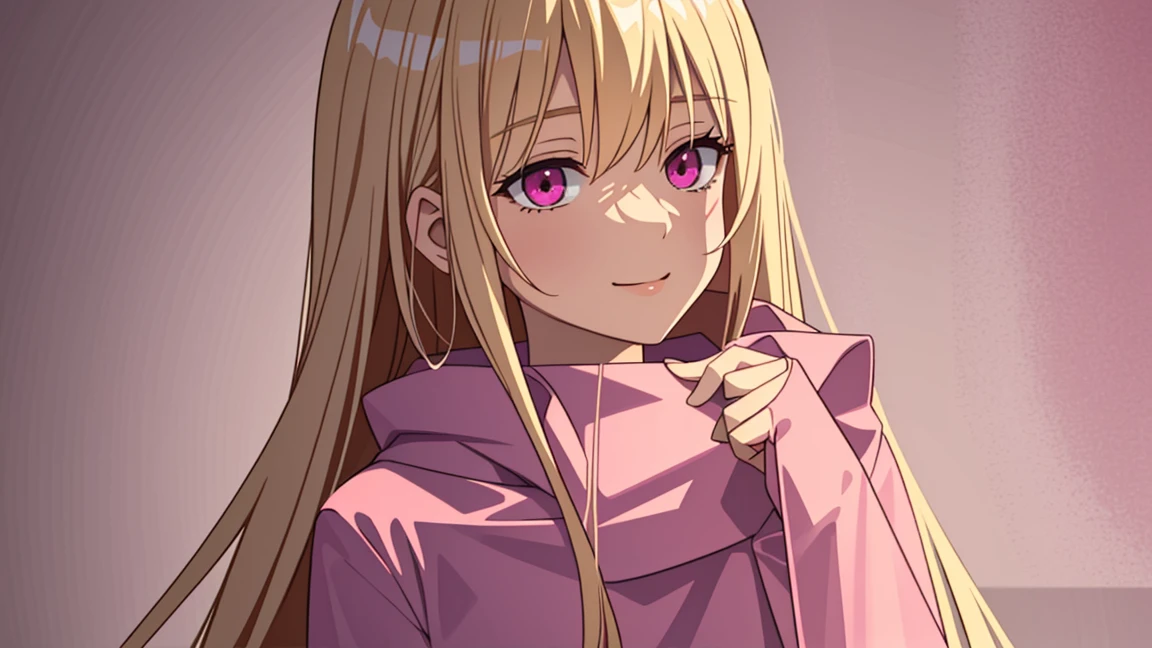 adult woman, pink eyes, long blonde hair, pink suit, smile