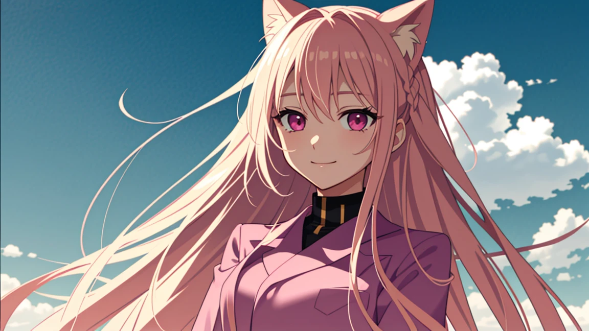 adult woman, pink eyes, long blonde hair, pink suit, smile
