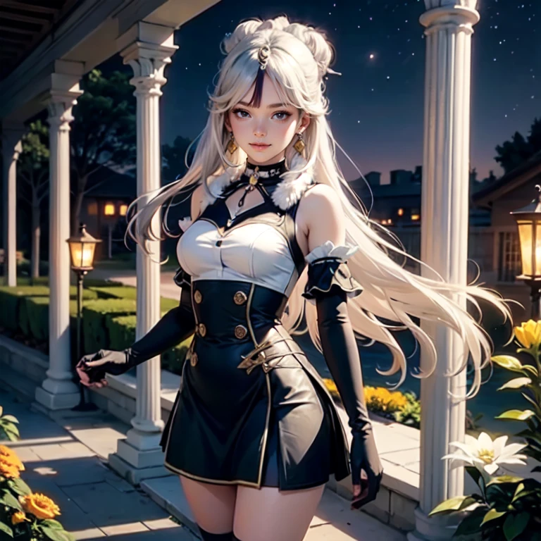 1girl, white maid dress, jewelry, white hair, flowing hair, long hair, maid dress with a short skirt with layers, frills, white laces, black boots, white dress with transparency, gold details on her clothes, garden scene, seat on the grass, more details, perfectly body, perfectly hands, two hands, two legs, two arms, five fingers, glowing hair, best quality, garden scenery, black gloves, alone, maid headdress, choker, detached sleeves, chinese lantern, masterpiece, best quality, detailed face, night scene, asymmetrical gloves, bangs, white short skirt , black gloves, earrings, elbow gloves, fishnet thigh highs, fish masterpiece, solo, best quality, detailed face, gloves, glowing eyes, hair between eyes, maid, short skirt, black details, white flowers, maid headdress, maid apron, smiling, glowing eyes, standing her hand to a viewer, looking at the viewer, cowboy shot, upper body portrait, more details, sparkle, night 