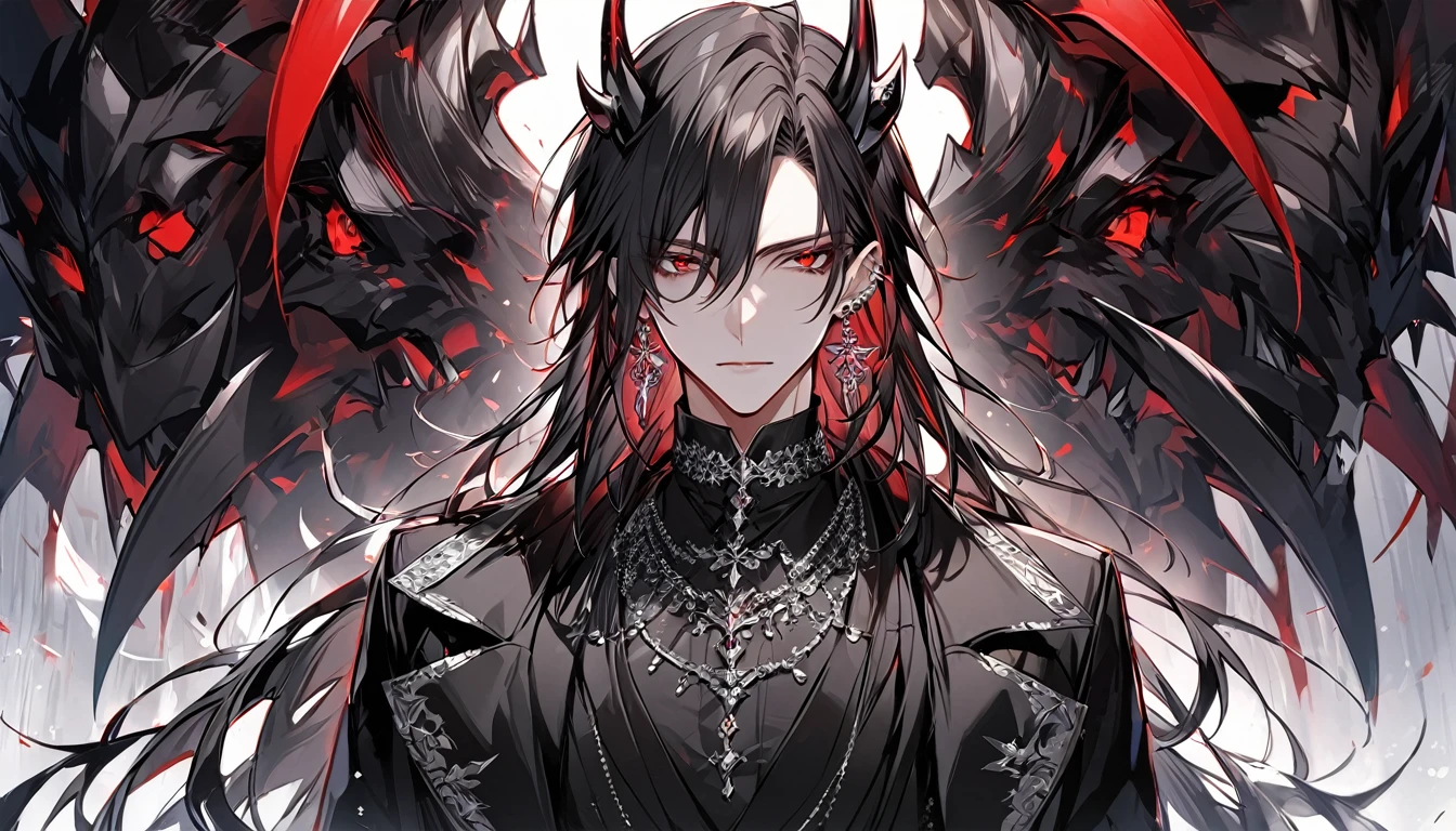 alone, good looking, 1 male, Long hair, Middle parted, Black hair, Red eyes, Black shirt, White Thailand, Black Trench Coat, Royal Silver Jewellery, Royal Demon Earrings, Black horns, Vtuber Front Facing