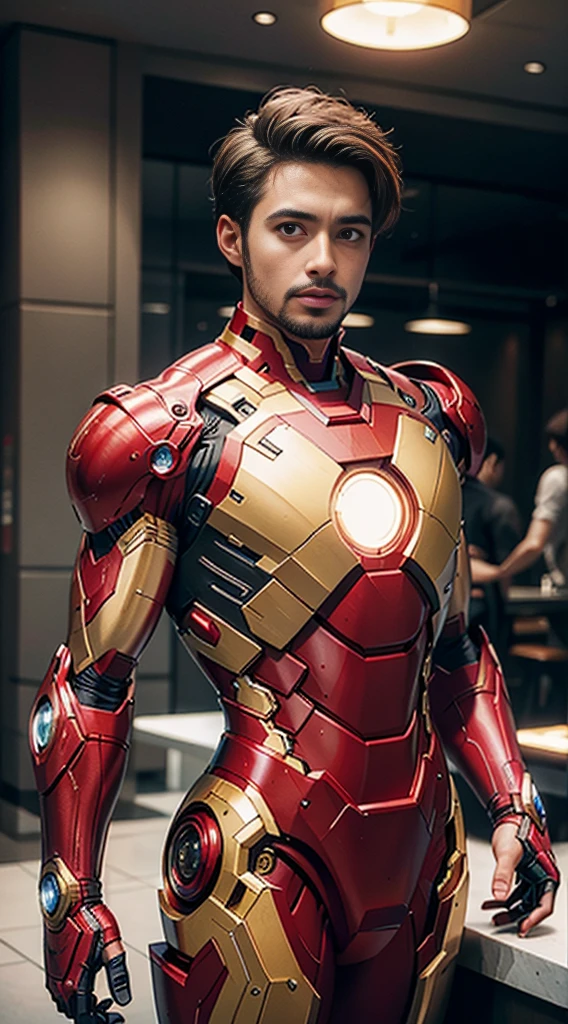 8k, realistic, attractive, highly detailed, a 25 year old man french crop hairstyle, and attractive man inspired by Iron Man wearing a shiny Iron Man mech, perfectly interpreting Iron Man's strength and charisma. The abandoned warehouse serves as a backdrop, creating a unique atmosphere that highlights her bravery and perseverance. The tall buildings and buildings on the street exude the unique charm of cyberpunk, and the neon light outlines the outline of the city, which sets off the powerful strength and personality charm of Iron Man. This high-definition, high-quality picture will bring you stunning visual enjoyment, a perfect combination of sexy, futuristic and sci-fi elements. oc rendering, dramatic lighting, award winning quality
