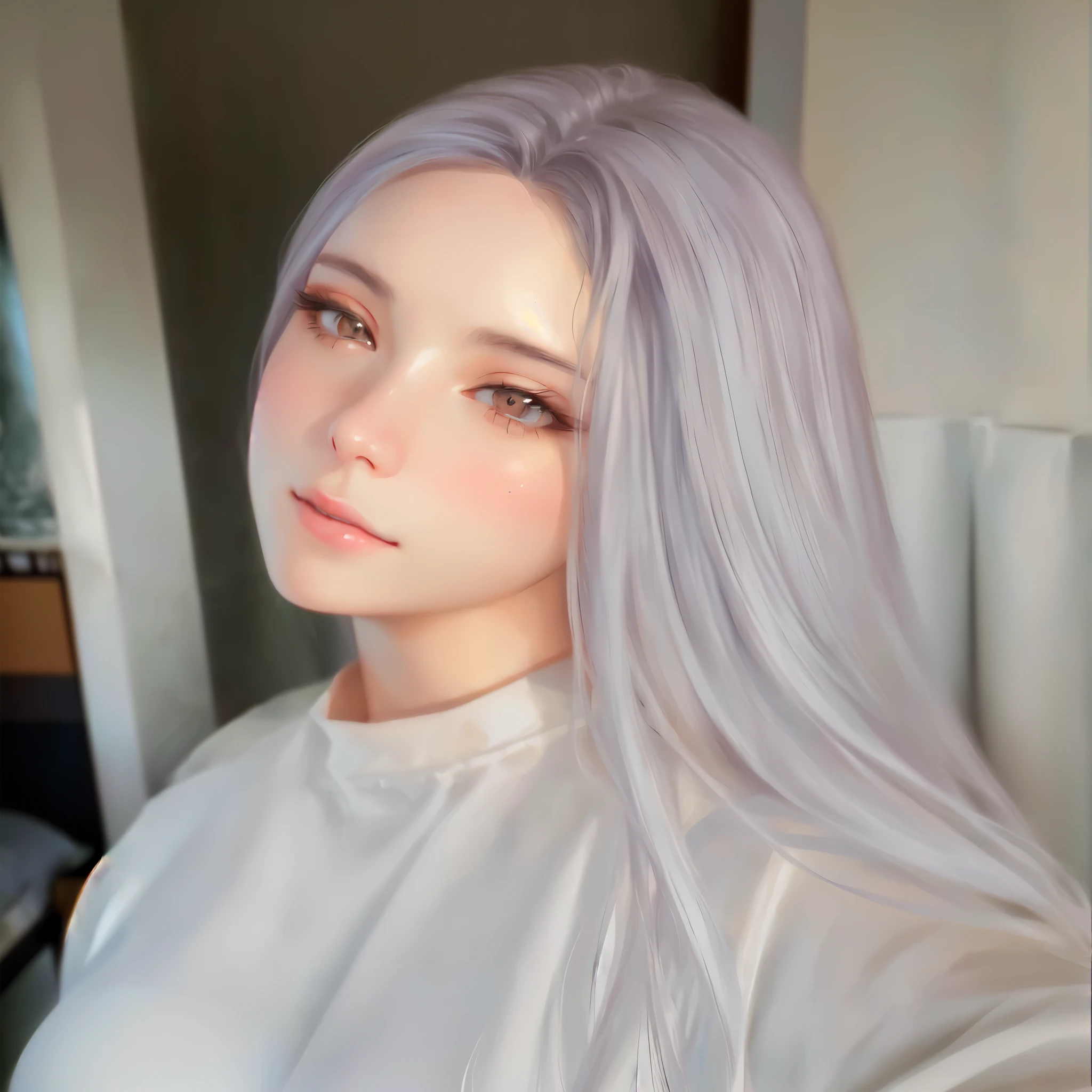 a close-up of a woman with long hair and a white shirt, realistic art style, kawaii realistic portrait, 🤤 portrait of , realism art style, realistic 3d anime style, realistic anime art style, anime realism style, photorealistic art style, soft digital painting, no art style by bowater, 4k realistic digital art, 4k realistic digital art