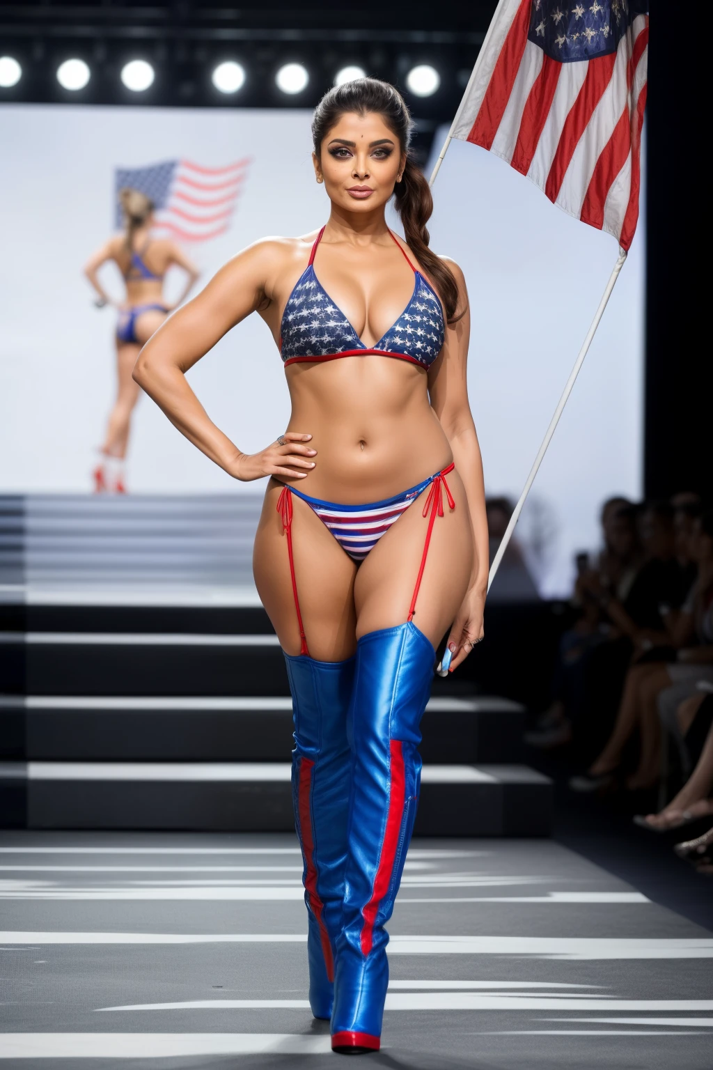 Full body photo of SEXY 50YO MATURE MILF AISHWARYA RAI as FITNESS MODEL, ((SMOKY EYES MAKEUP)), ((ponytail tied hair)), ((US flag red and blue micro bikini)), ((high boots)), (((catwalk outdoors on ramp fashion show))), day scene, curvaceous mature hourglass figure, look straight at camera, sexy 50 yo mature MILF, soft volumetric lights, intricate details, (ArtStation:1.2)