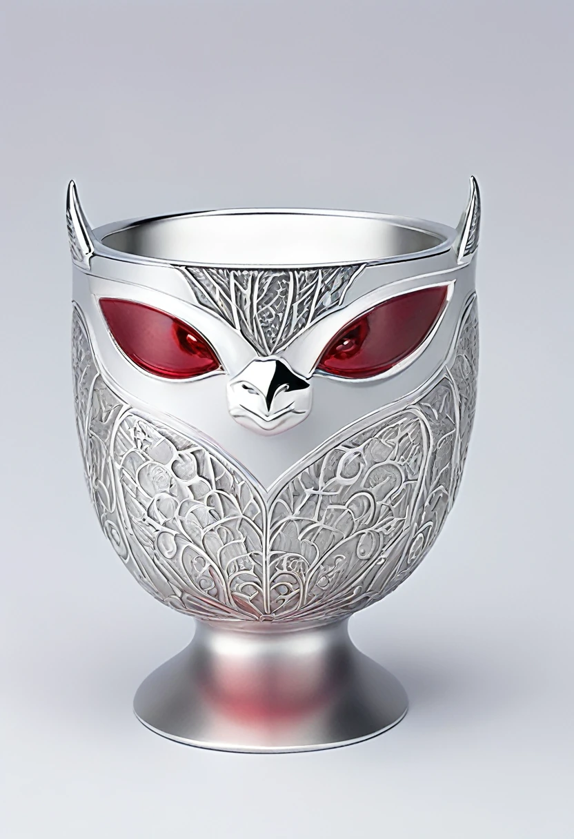 Silver cup, It bears the pattern of a bat with its mouth open, Her eyes are shining red, His mouth is radiant, White background.