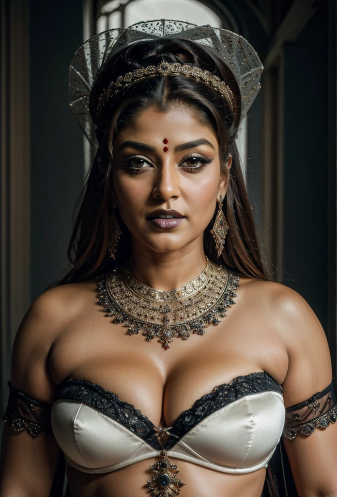Looks like Nayanthara, milf, cougar lady witch, horny Gothic milf, 50 years old gorgeous mature lady, pervert demoness, demoness of lust, curvy, black lips, horny face, extremely gorgeous, thick figure, heavy physique, voluptuous, curvy, sexy figure, Fashionable portrait of androgynous alien looking witch wearing veil, glowing eyes, futuristic design, minimal details, givenchy, photoreal, 200mm, hd, f/ 2.0, highly detailed, surreal, sexy beautiful evil woman, sexy bold sequin Saree with strapless Bra, chudail, Pishachini, horror genre, blood-thirsty enchantress, powerful female spirit, eerie, drop dead, in the style of red and blue, (intricate details, hyperdetailed:1.15) (skin texture:1.2), dark Moody tone, cinematic lighting, haunted place in background,