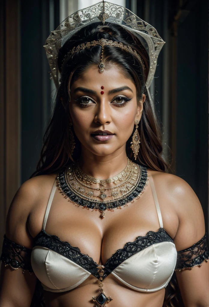 Looks like Nayanthara, milf, cougar lady witch, horny Gothic milf, 50 years old gorgeous mature lady, pervert demoness, demoness of lust, curvy, black lips, horny face, extremely gorgeous, thick figure, heavy physique, voluptuous, curvy, sexy figure, Fashionable portrait of androgynous alien looking witch wearing veil, glowing eyes, futuristic design, minimal details, givenchy, photoreal, 200mm, hd, f/ 2.0, highly detailed, surreal, sexy beautiful evil woman, sexy bold sequin Saree with strapless Bra, chudail, Pishachini, horror genre, blood-thirsty enchantress, powerful female spirit, eerie, drop dead, in the style of red and blue, (intricate details, hyperdetailed:1.15) (skin texture:1.2), dark Moody tone, cinematic lighting, haunted place in background,